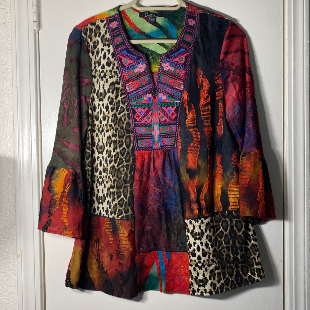 Calessa Petite Patchwork‎ Tunic Top Leopard Print Embroidered Bell Sleeve PS